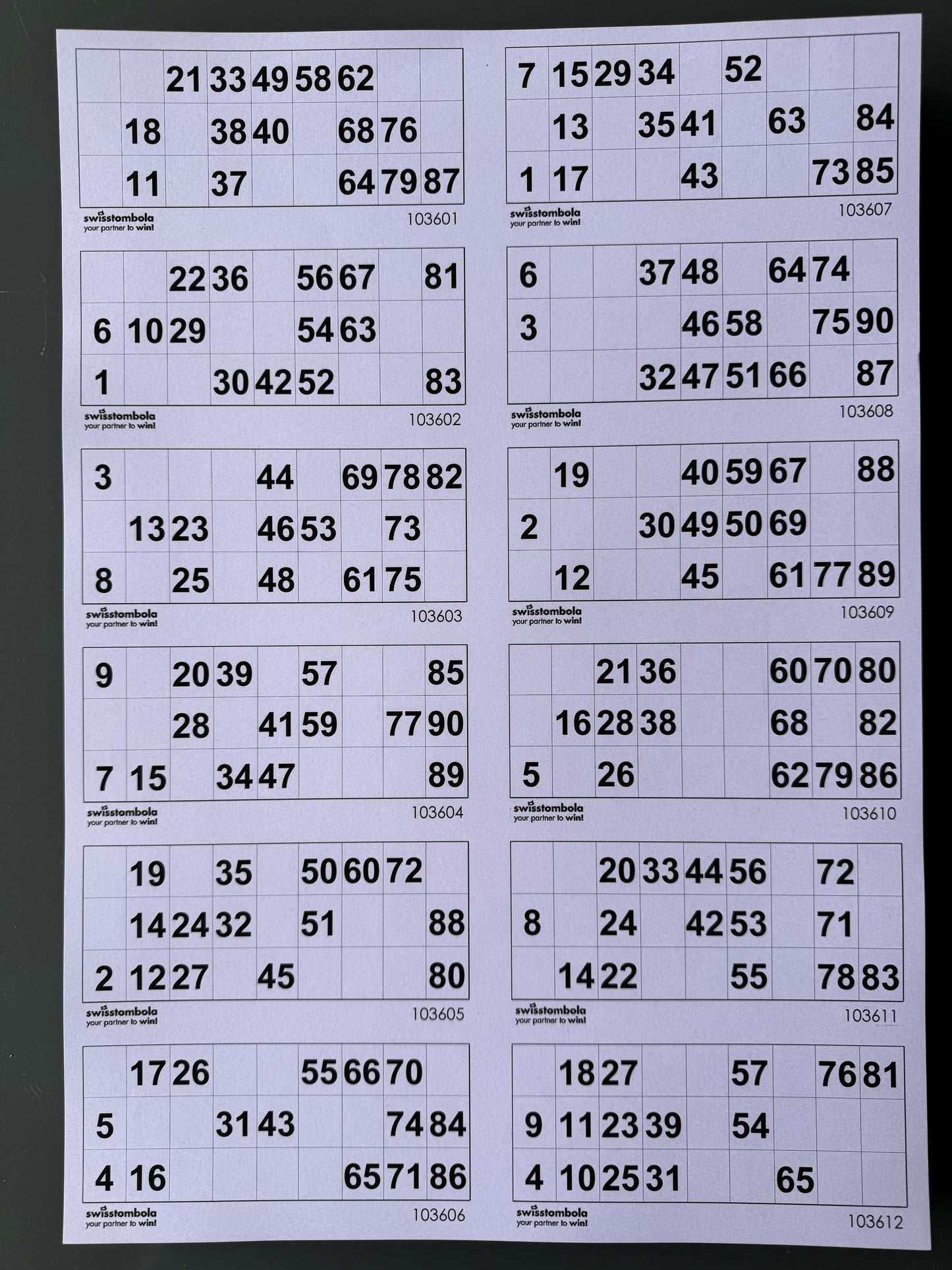 100 Lotto Blätter mit 12 Spielen 15 aus 90, Papier 160 Gramm, 297 x 420 mm