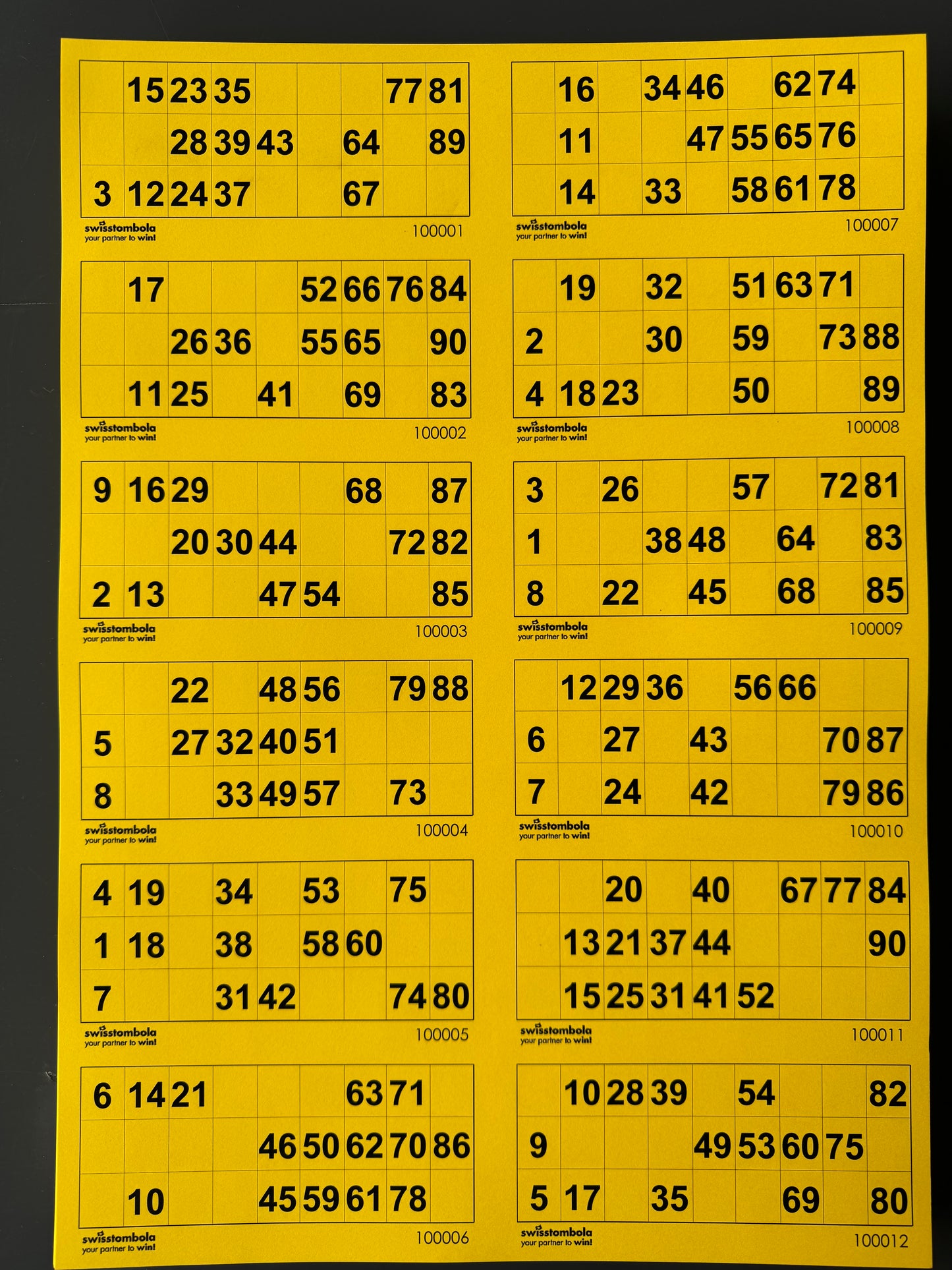 100 Lotto Blätter mit 12 Spielen 15 aus 90, Papier 160 Gramm, 297 x 420 mm