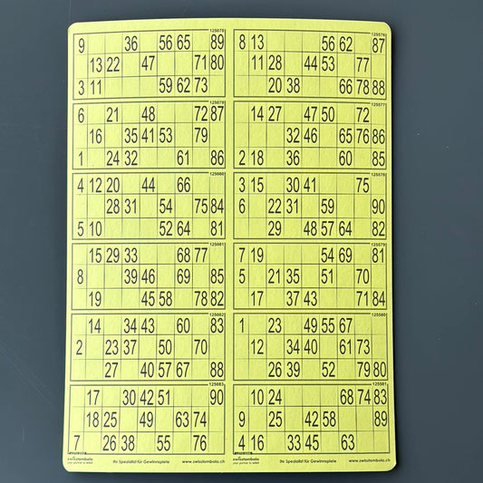 10 Lottokarten 12 in 1 plast. 15 aus 90, 297 x 420 mm, gelb