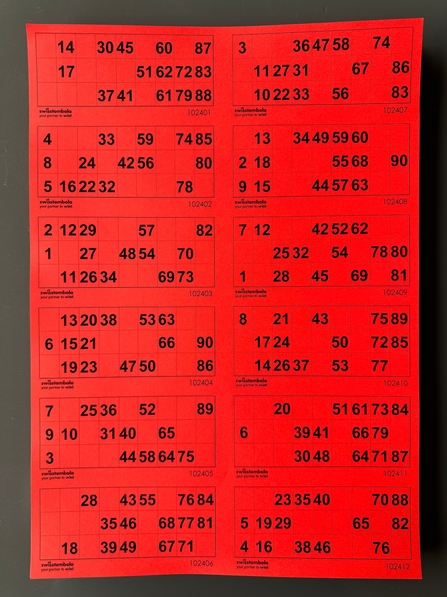 100 Lotto Blätter mit 12 Spielen 15 aus 90, Papier 160 Gramm, 297 x 420 mm