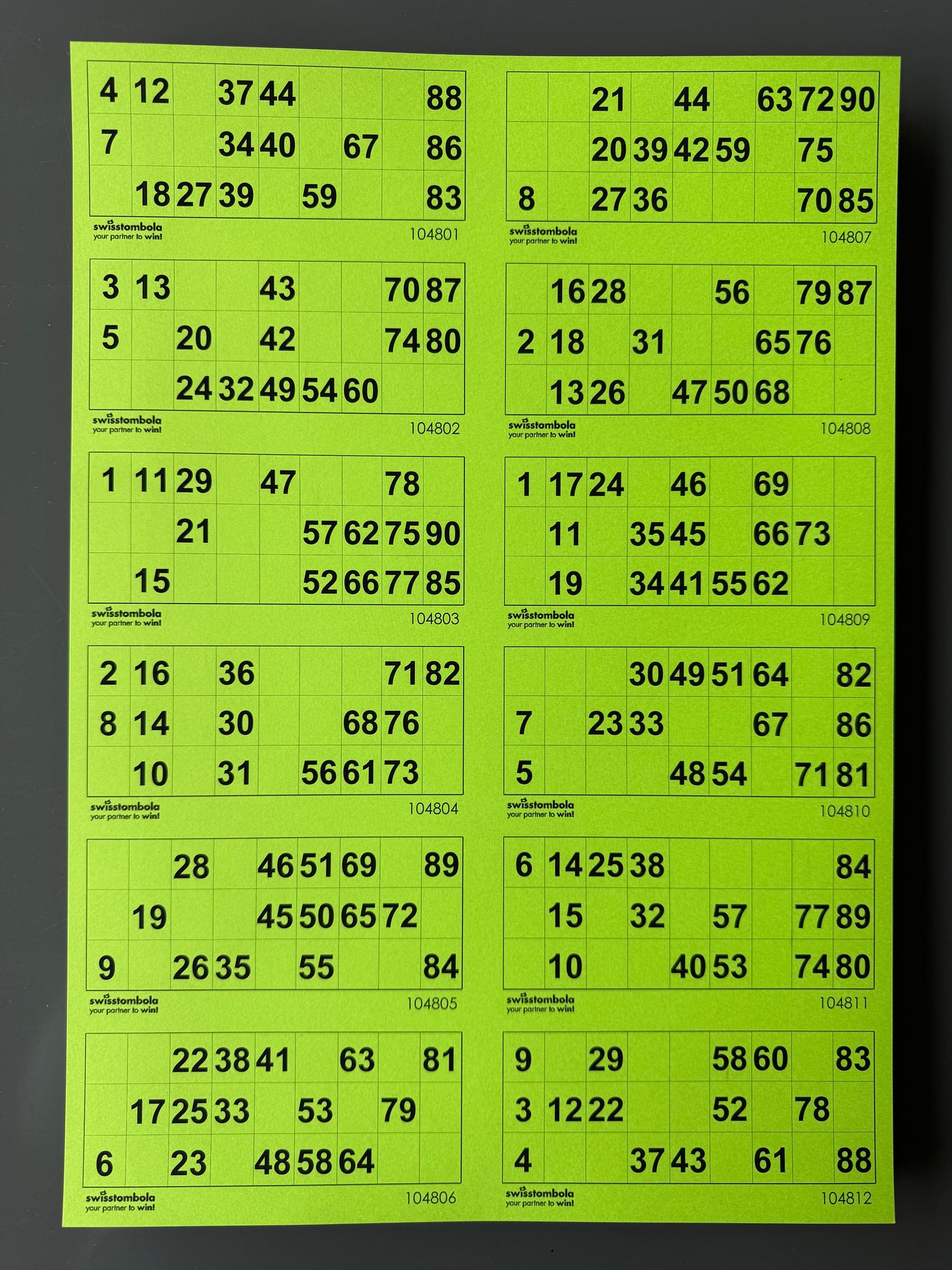 100 Lotto Blätter mit 12 Spielen 15 aus 90, Papier 160 Gramm, 297 x 420 mm