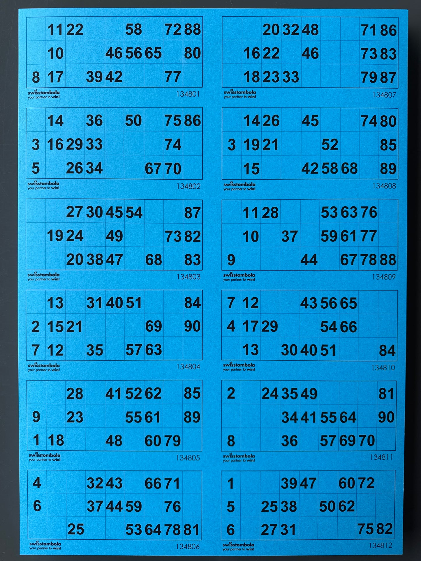 100 Lotto Blätter mit 12 Spielen 15 aus 90, Papier 160 Gramm, 297 x 420 mm