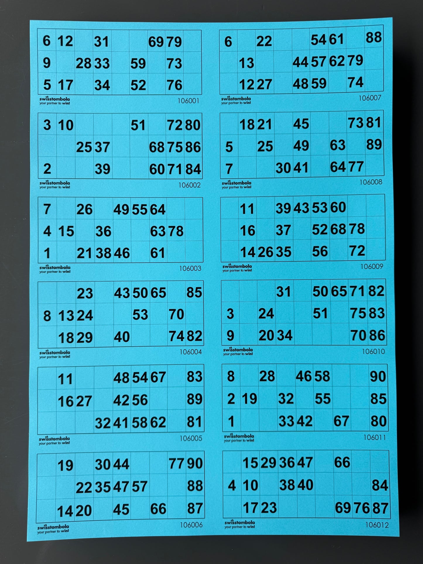 100 Lotto Blätter mit 12 Spielen 15 aus 90, Papier 160 Gramm, 297 x 420 mm