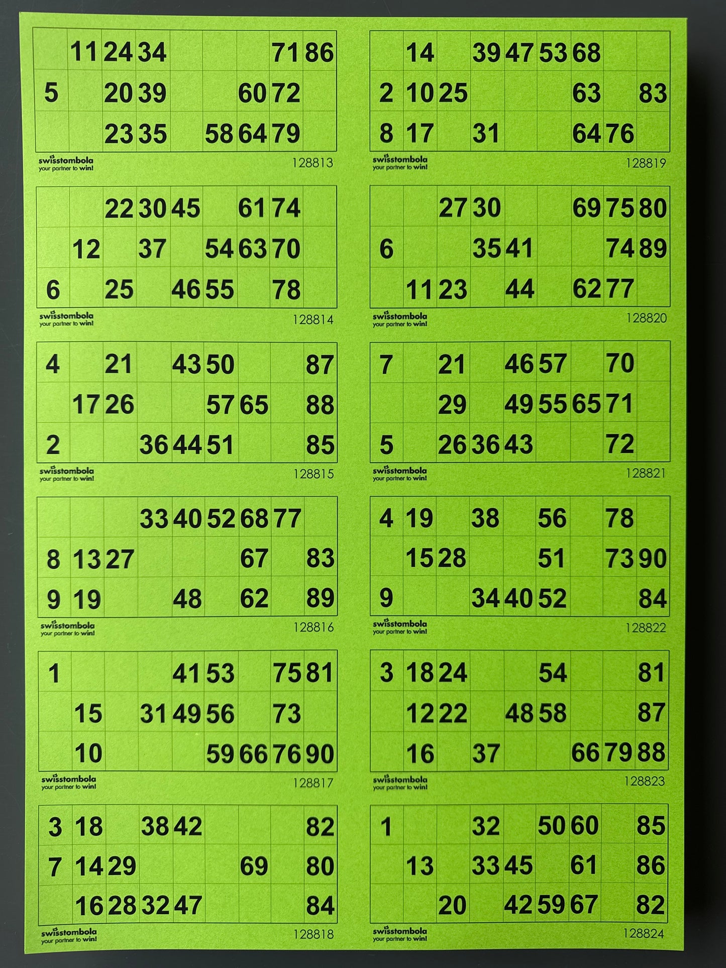 100 Lotto Blätter mit 12 Spielen 15 aus 90, Papier 160 Gramm, 297 x 420 mm