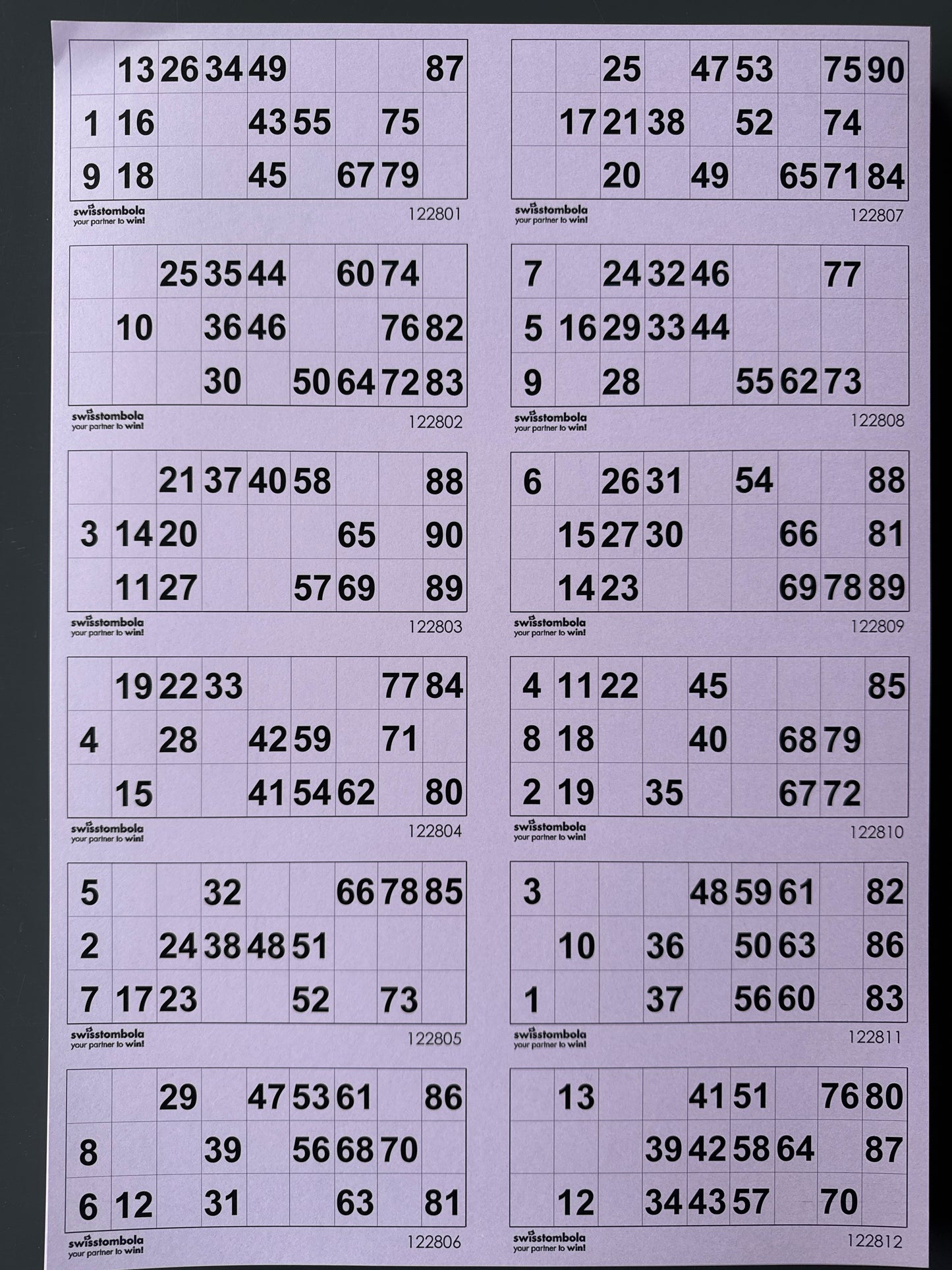 100 Lotto Blätter mit 12 Spielen 15 aus 90, Papier 160 Gramm, 297 x 420 mm