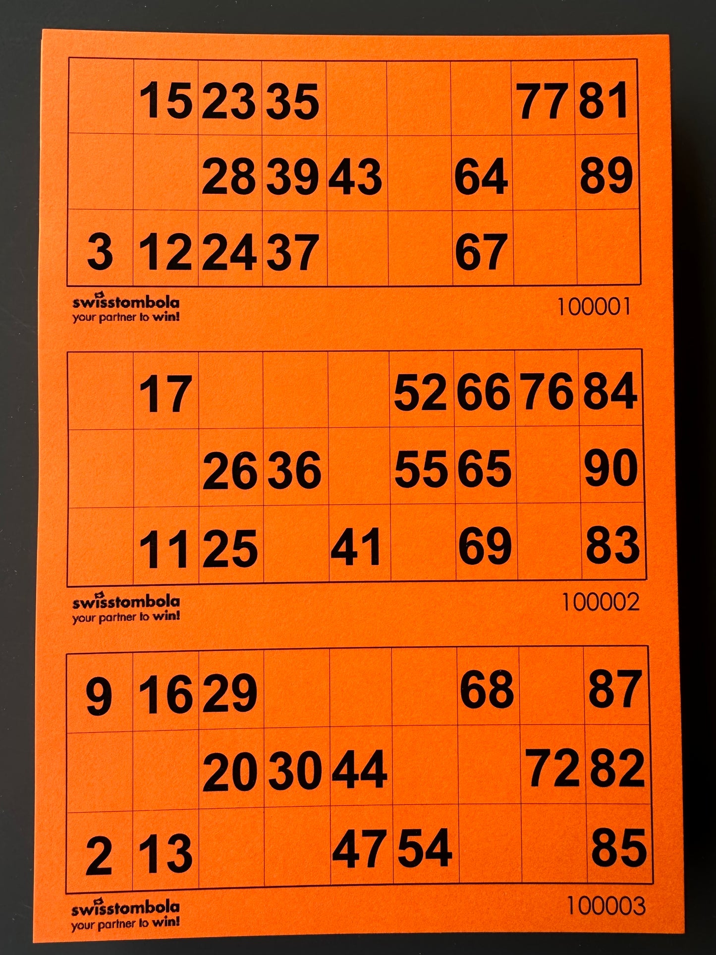 100 Lotto Blätter mit 3 Spielen 15 aus 90, Papier 160 Gramm, 148.5 x 210 mm