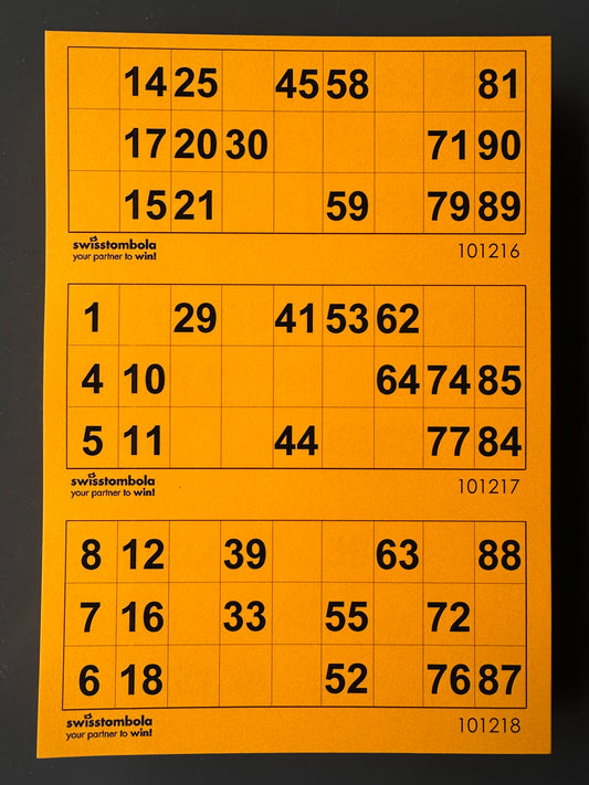 100 Lotto Blätter mit 3 Spielen 15 aus 90, Papier 160 Gramm, 148.5 x 210 mm