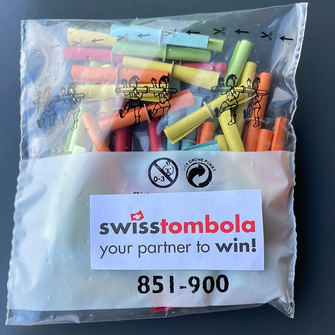 50 Swisstombola Röllchenlose mit den Treffer Nummern: