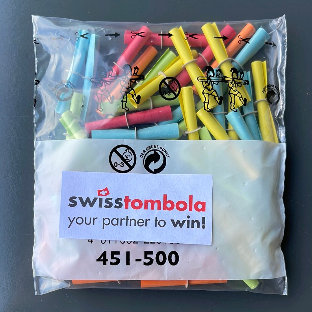 50 Swisstombola Röllchenlose mit den Treffer Nummern: