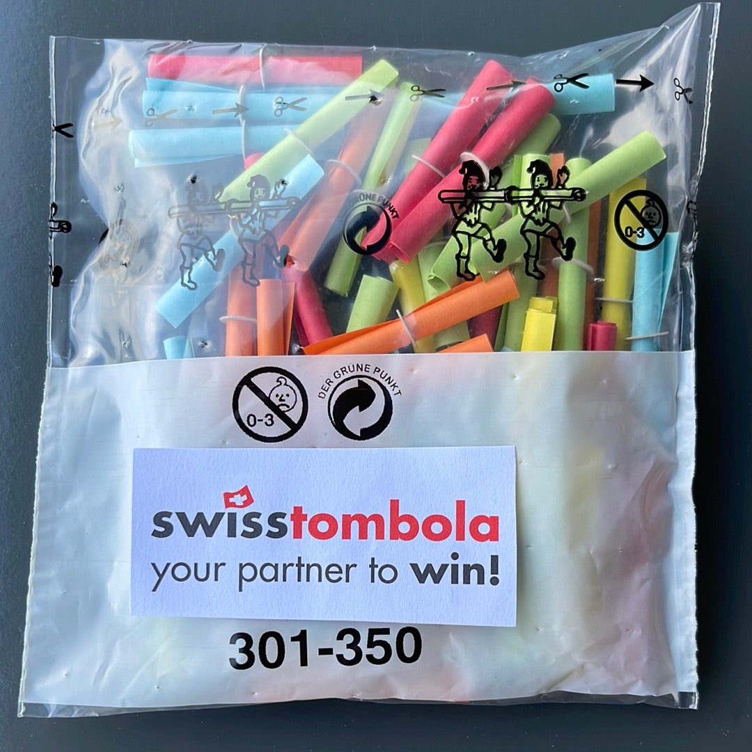 50 Swisstombola Röllchenlose mit den Treffer Nummern: