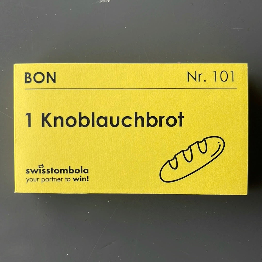 100 Gutscheine am Block, nummeriert, 1 Knoblauchbrot