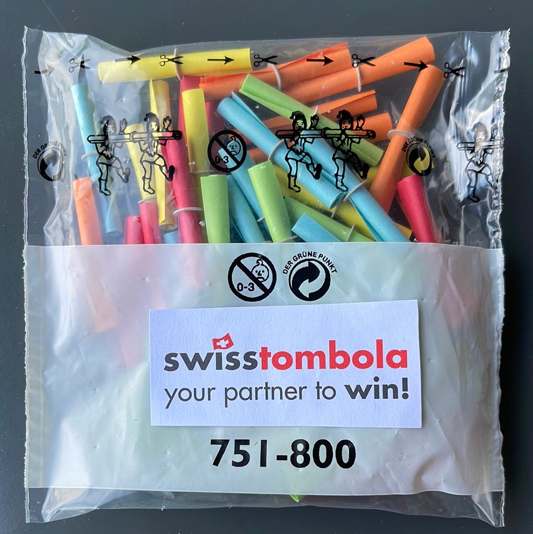 50 Swisstombola Röllchenlose mit den Treffer Nummern: