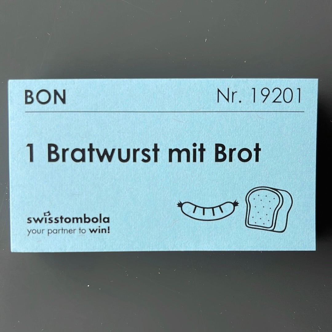 100 Gutscheine am Block, nummeriert, 1 Bratwurst mit Brot