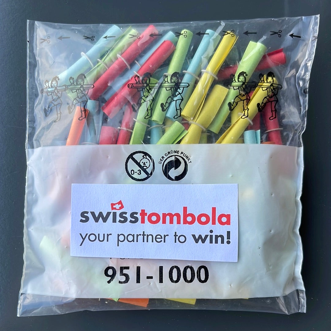 50 Swisstombola Röllchenlose mit den Treffer Nummern: