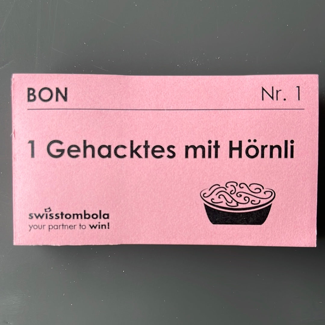 100 Gutscheine am Block, nummeriert, 1 Gehacktes mit Hörnli