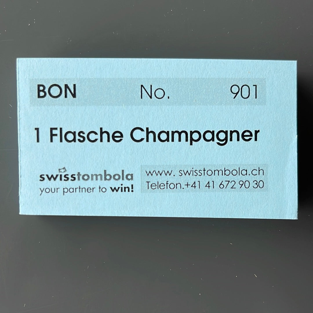 100 Gutscheine am Block, nummeriert, 1 Flasche Champagner