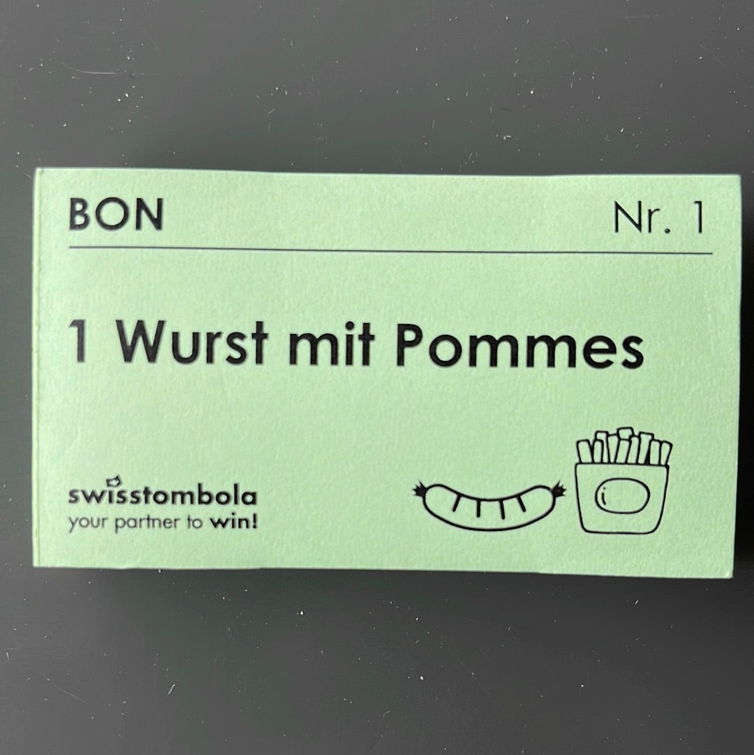 100 Gutscheine am Block, nummeriert, 1 Wurst mit Pommes