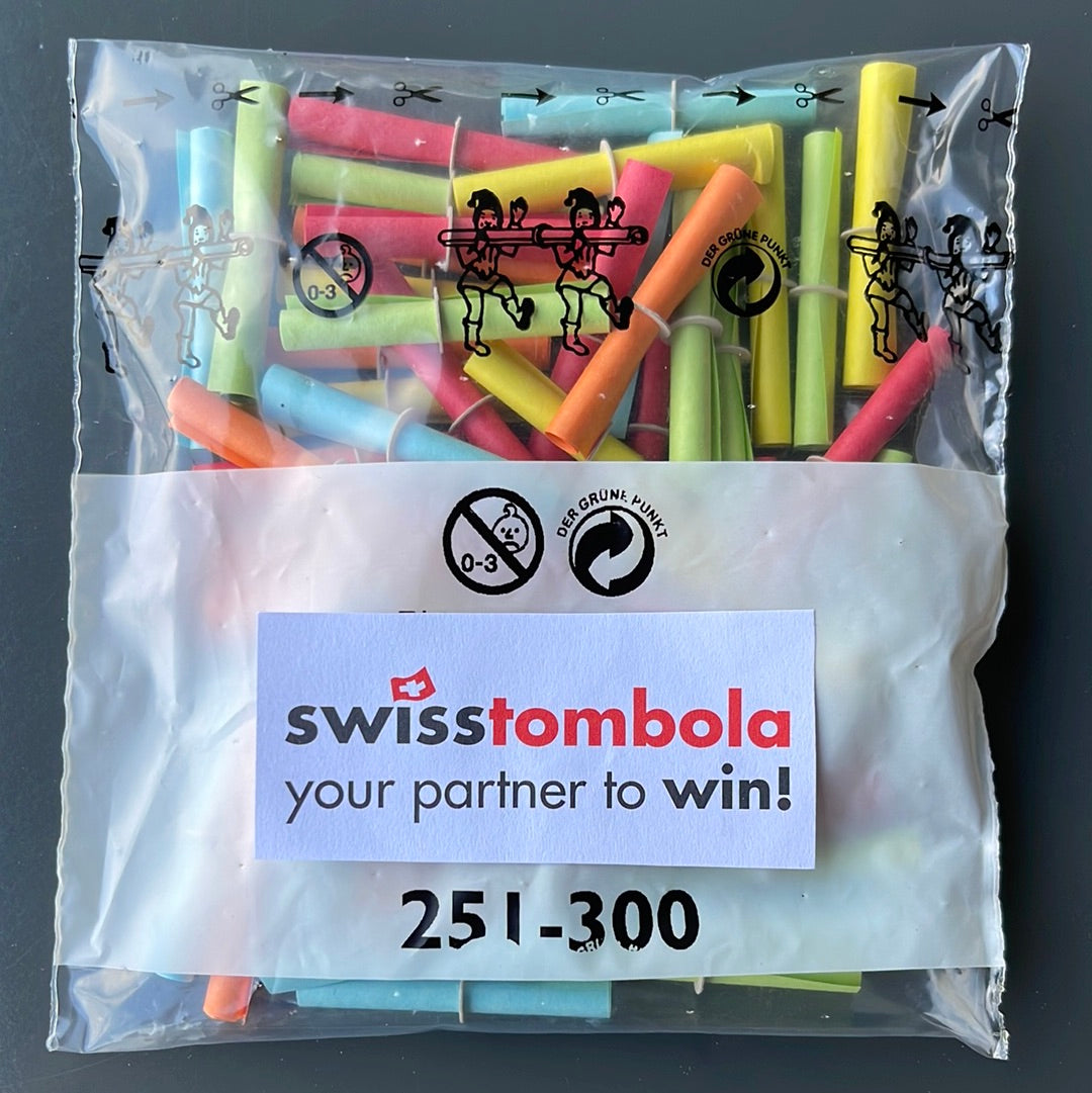 50 Swisstombola Röllchenlose mit den Treffer Nummern: