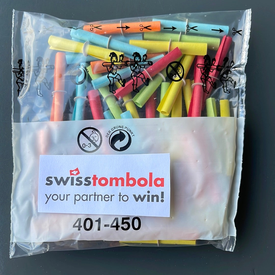50 Swisstombola Röllchenlose mit den Treffer Nummern: