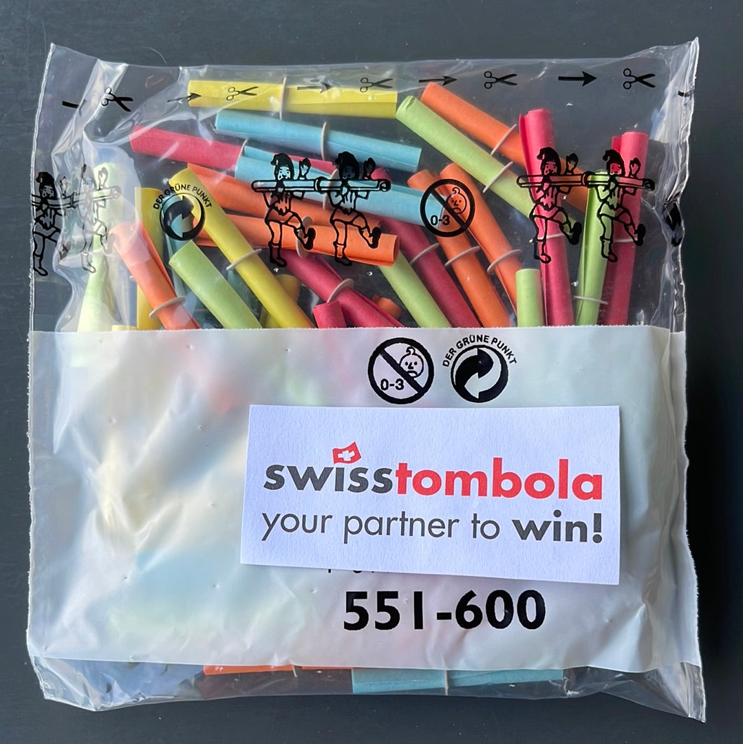 50 Swisstombola Röllchenlose mit den Treffer Nummern:
