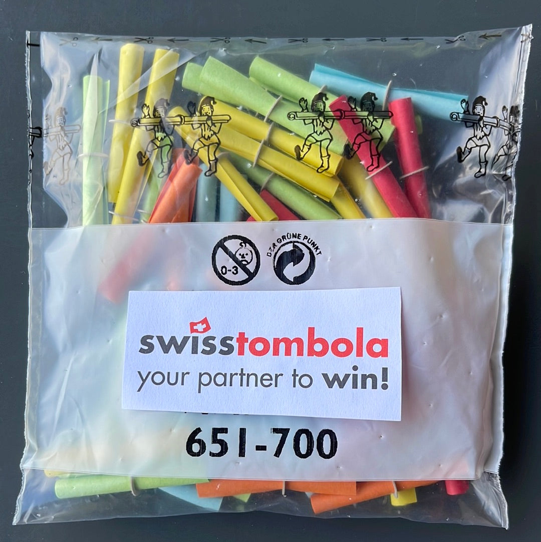50 Swisstombola Röllchenlose mit den Treffer Nummern: