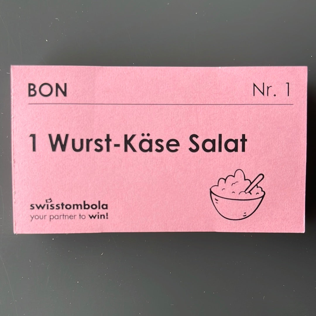 100 Gutscheine am Block, nummeriert, 1 Wurst-Käse Salat