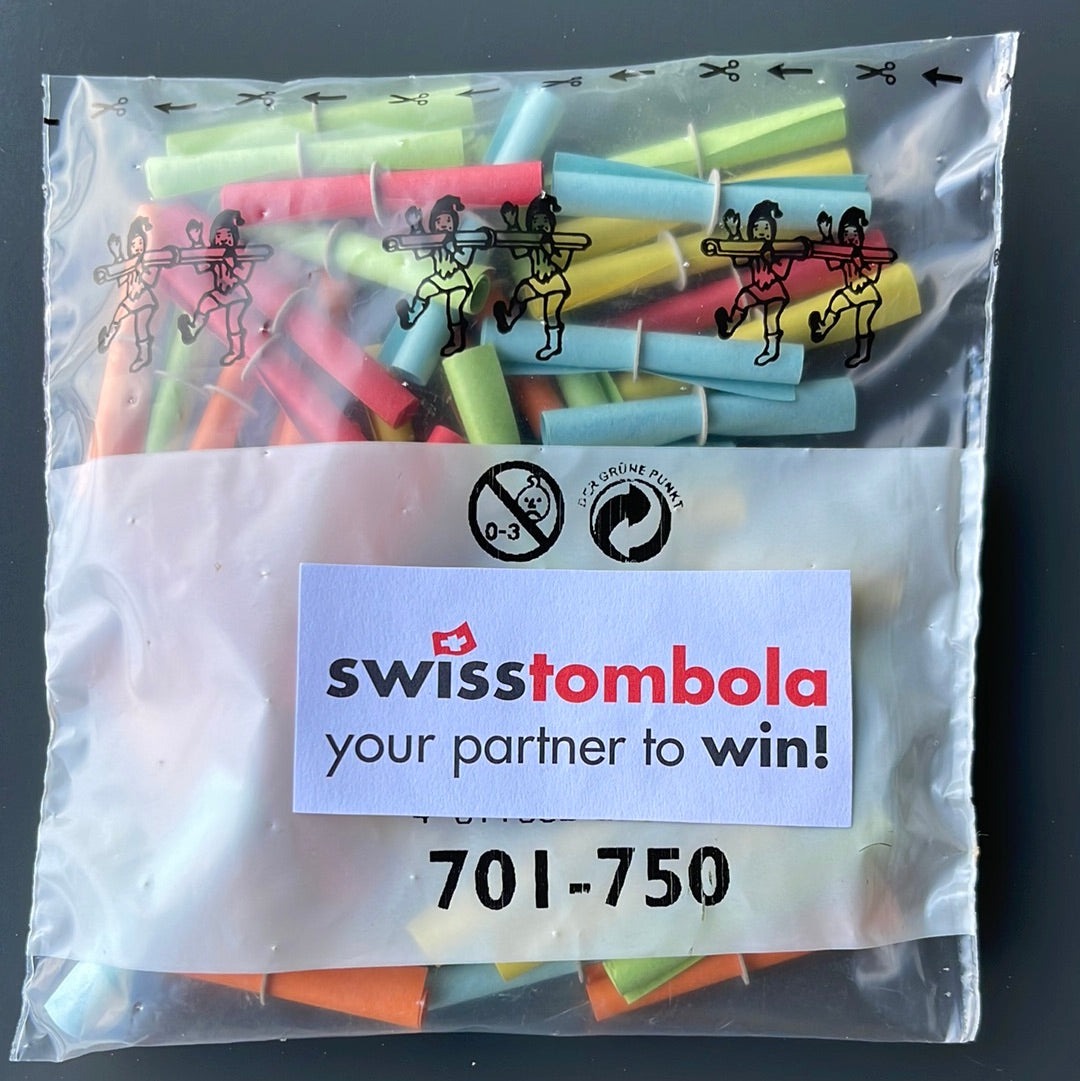 50 Swisstombola Röllchenlose mit den Treffer Nummern:
