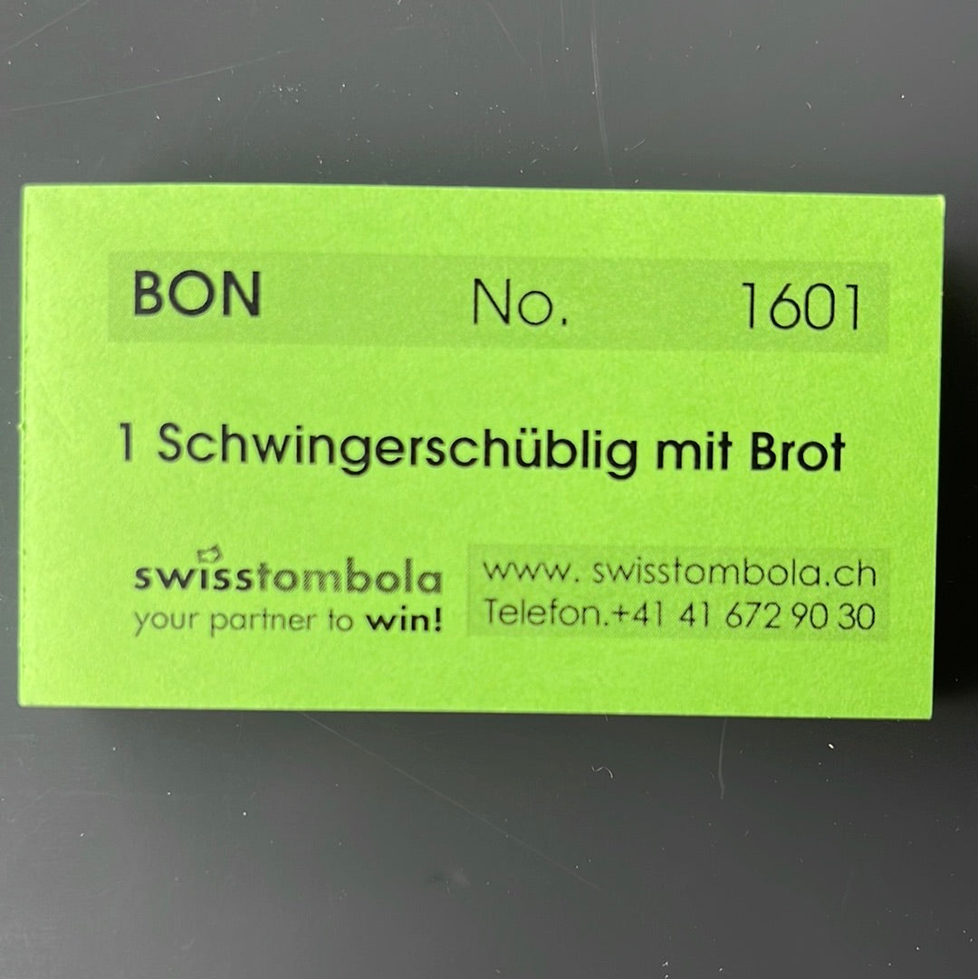 100 Gutscheine am Block, nummeriert, 1 Schwingerschüblig + Brot