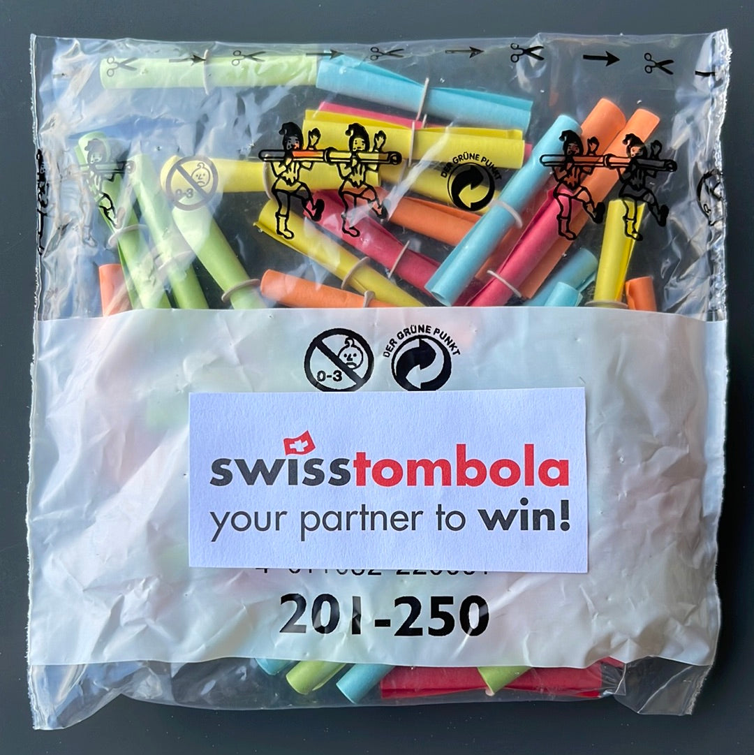 50 Swisstombola Röllchenlose mit den Treffer Nummern: