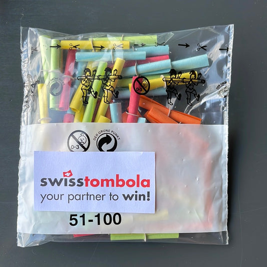 50 Swisstombola Röllchenlose mit den Treffer Nummern:
