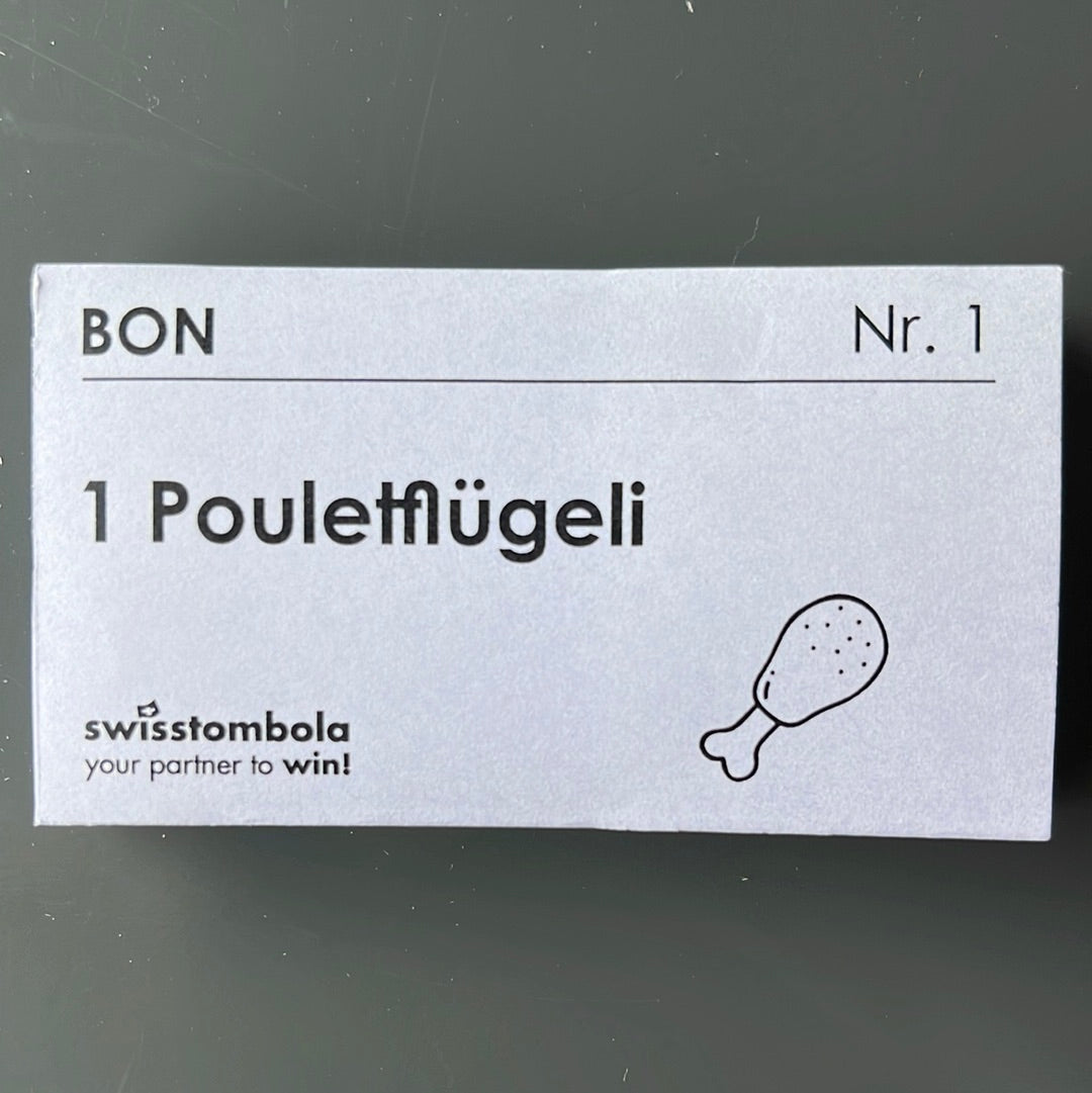 100 Gutscheine am Block, nummeriert, Pouletflügeli