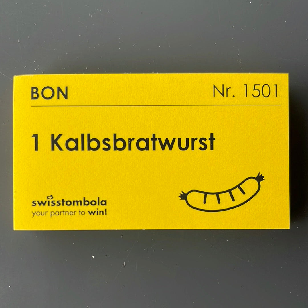 100 Gutscheine am Block, nummeriert, 1 Kalbsbratwurst