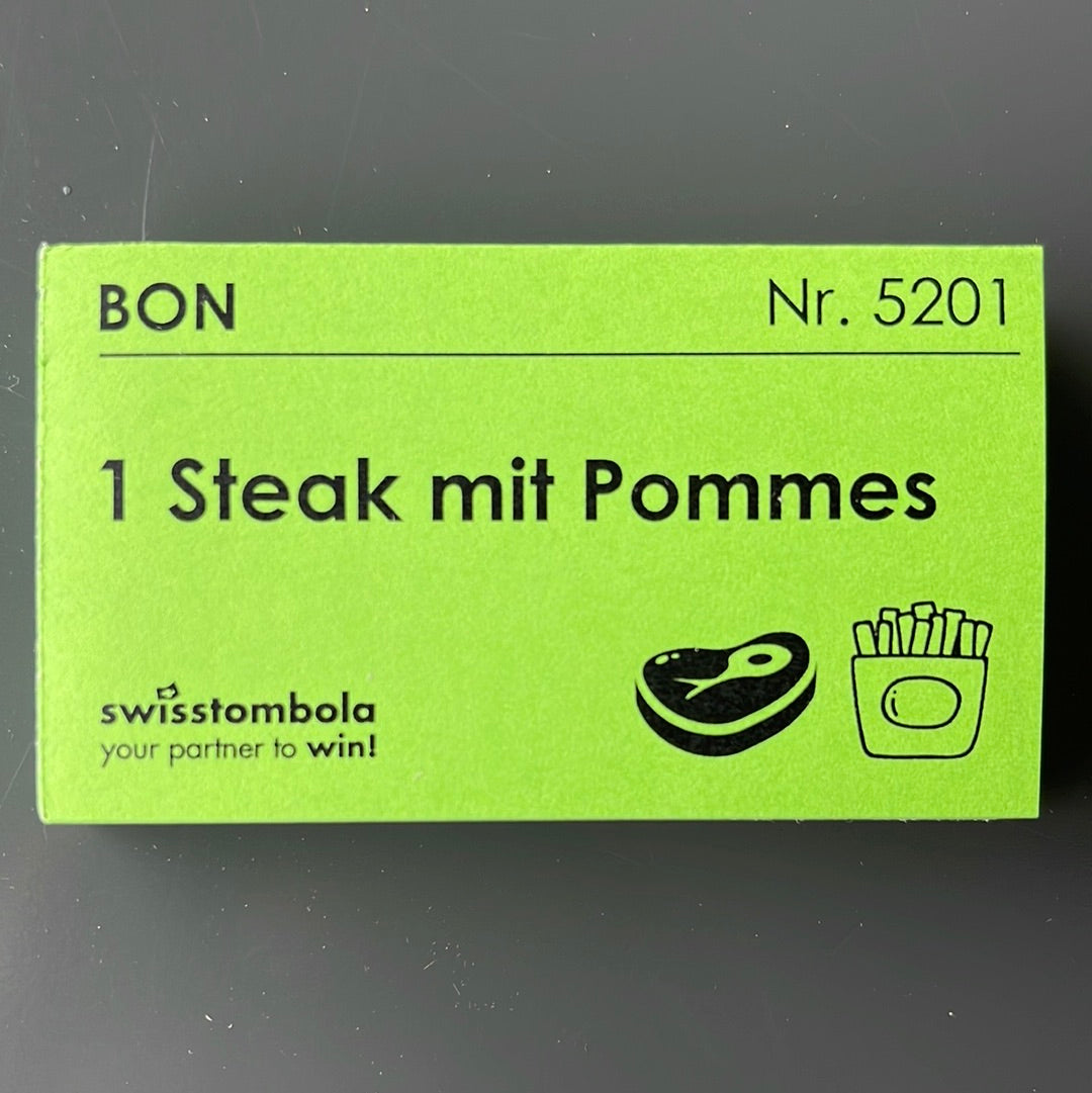 100 Gutscheine am Block, nummeriert, 1 Steak mit Pommes