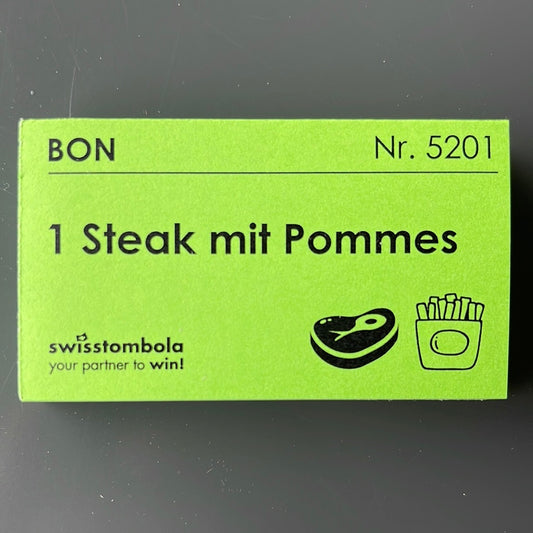 100 Gutscheine am Block, nummeriert, 1 Steak mit Pommes