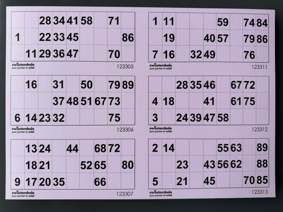 100 Lotto Karten mit 6 Spielen 15 aus 90, Papier 160 Gramm, 297 x 210 mm