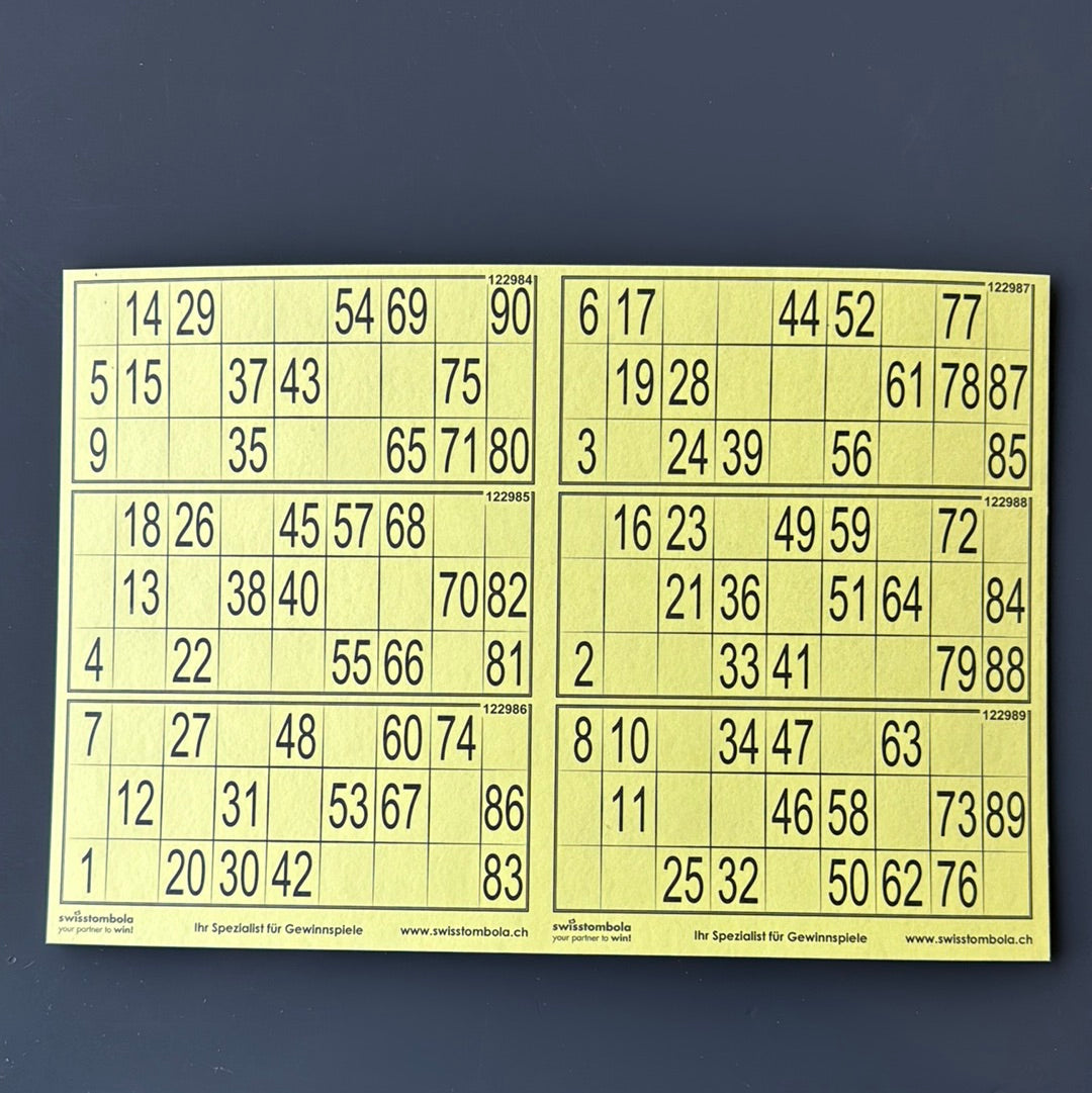 10 Lottokarten 6 in 1 plast. 15 aus 90, 297 x 193 mm, gelb