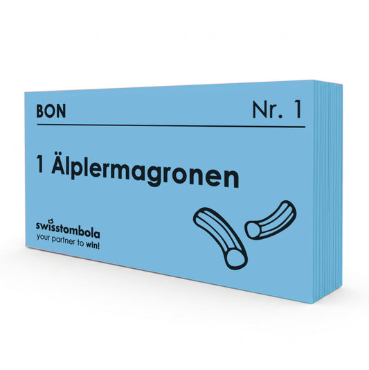 100 Gutscheine am Block, nummeriert, 1 Älplermagronen