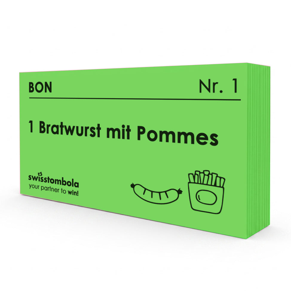 100 Gutscheine am Block, nummeriert, 1 Bratwurst mit Pommes