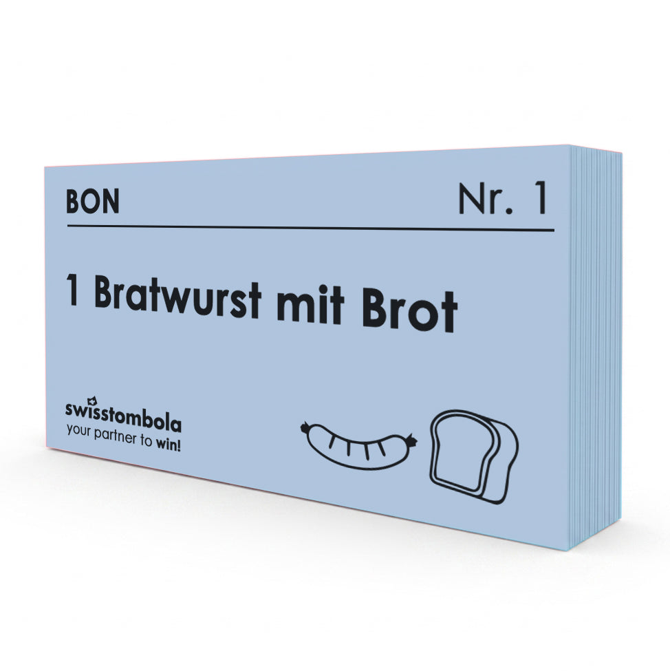 100 Gutscheine am Block, nummeriert, 1 Bratwurst mit Brot