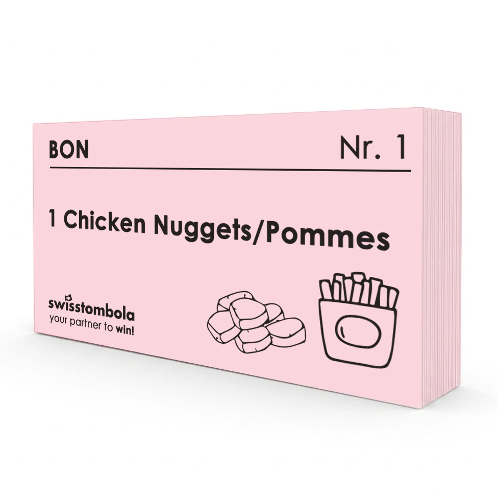100 Gutscheine am Block, nummeriert, 1 Chicken Nuggets/Pommes