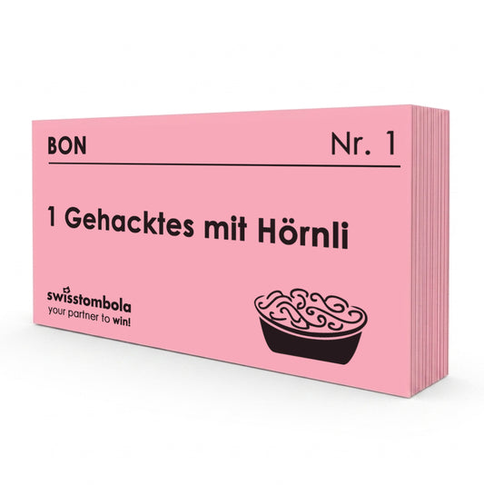 100 Gutscheine am Block, nummeriert, 1 Gehacktes mit Hörnli