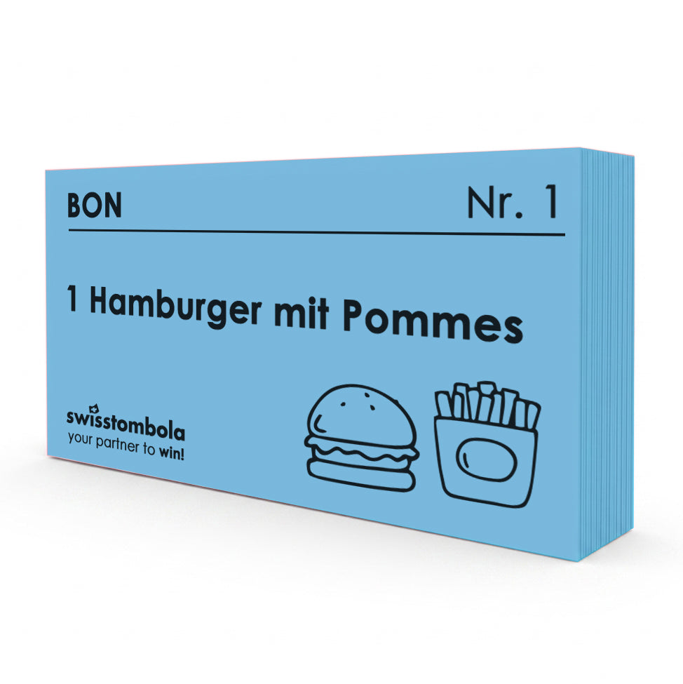 100 Gutscheine am Block, nummeriert, 1 Hamburger mit Pommes
