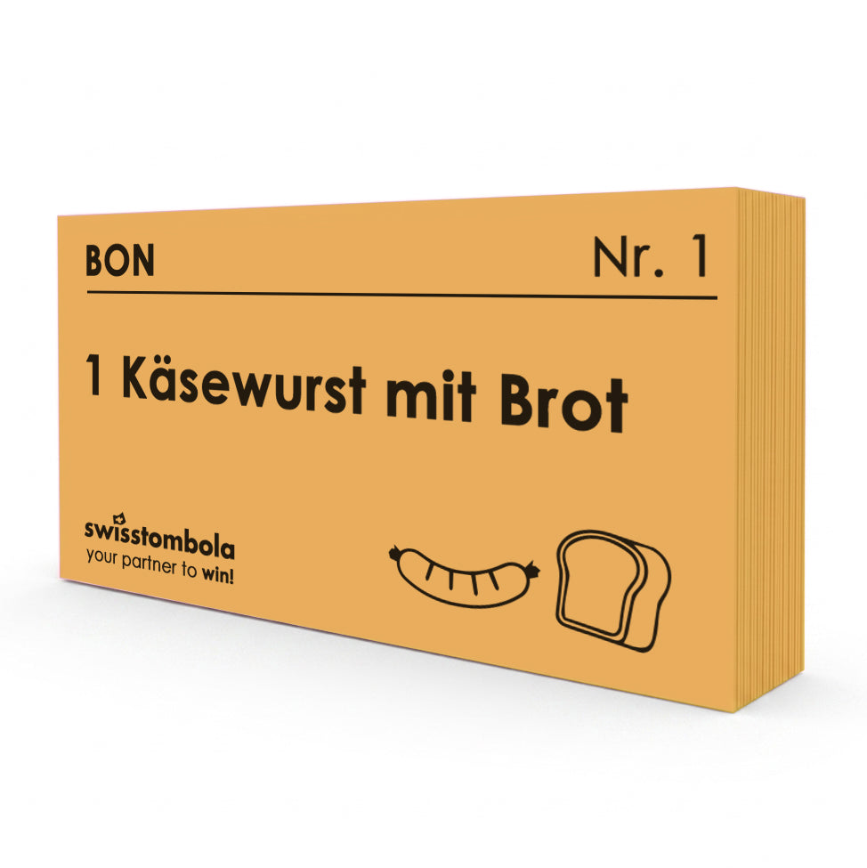 100 Gutscheine am Block, nummeriert, 1 Käsewurst mit Brot