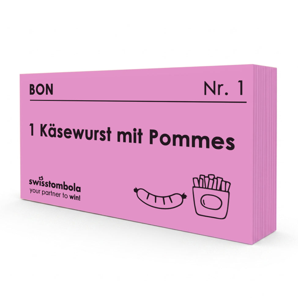100 Gutscheine am Block, nummeriert, 1 Käsewurst mit Pommes