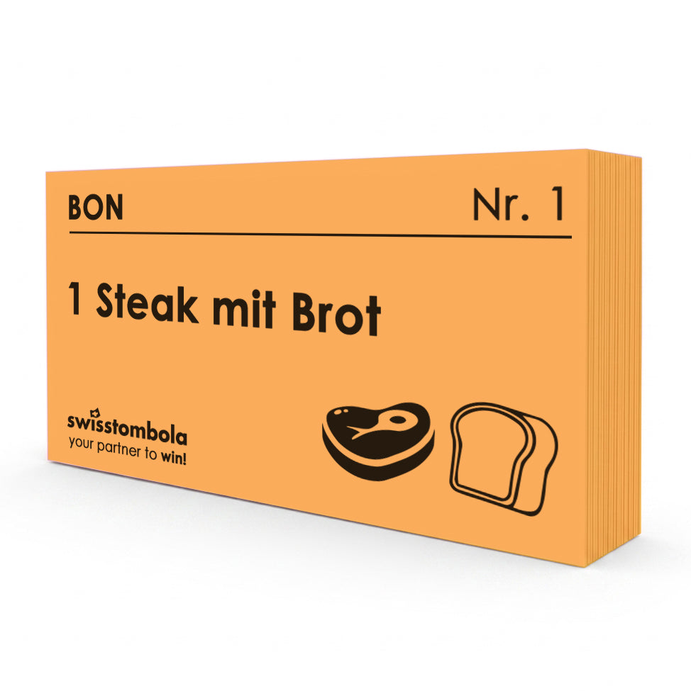 100 Gutscheine am Block, nummeriert, 1 Steak mit Brot