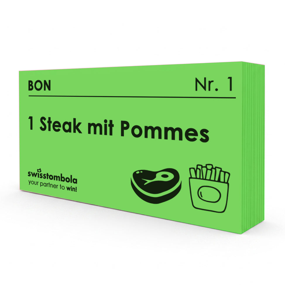 100 Gutscheine am Block, nummeriert, 1 Steak mit Pommes