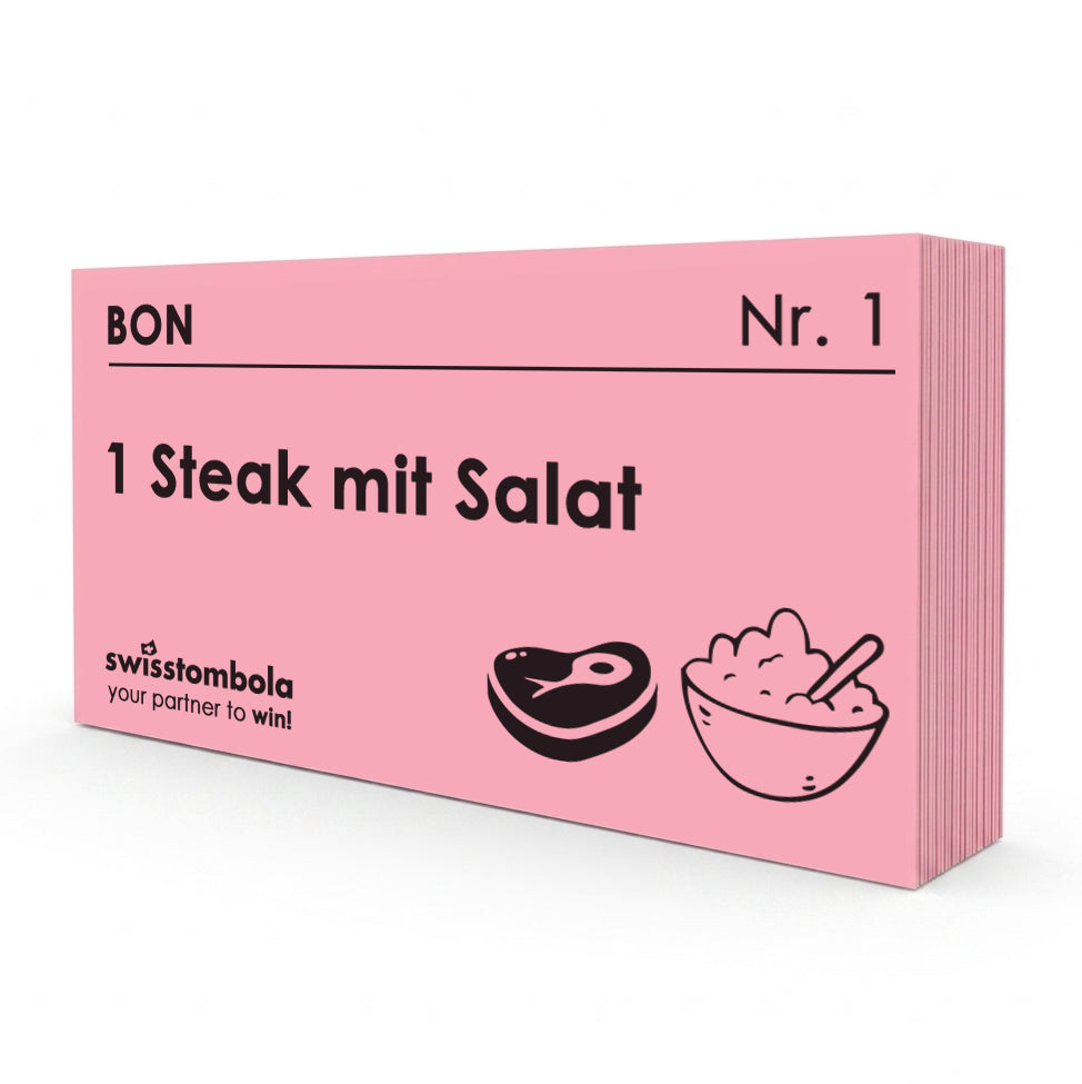 100 Gutscheine am Block, nummeriert, 1 Steak mit Salat