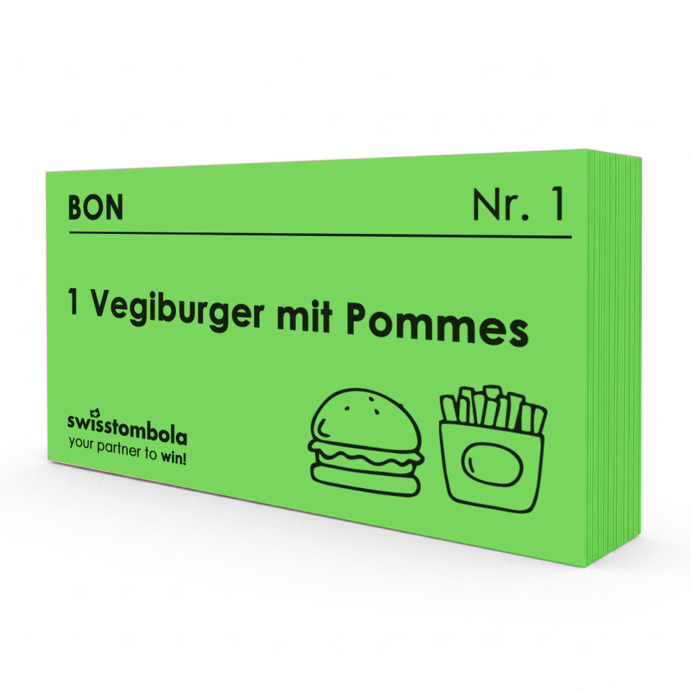 100 Gutscheine am Block, nummeriert, Vegiburger mit Pommes