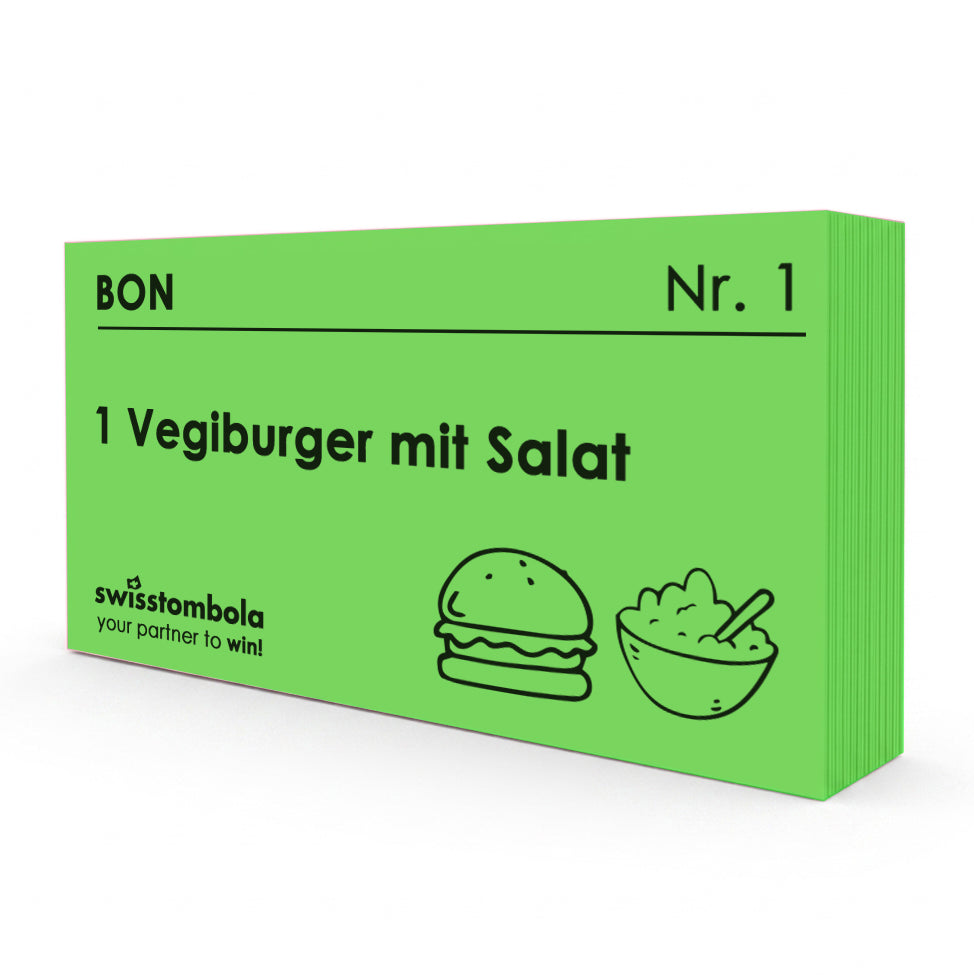 100 Gutscheine am Block, nummeriert, Vegiburger mit Salat