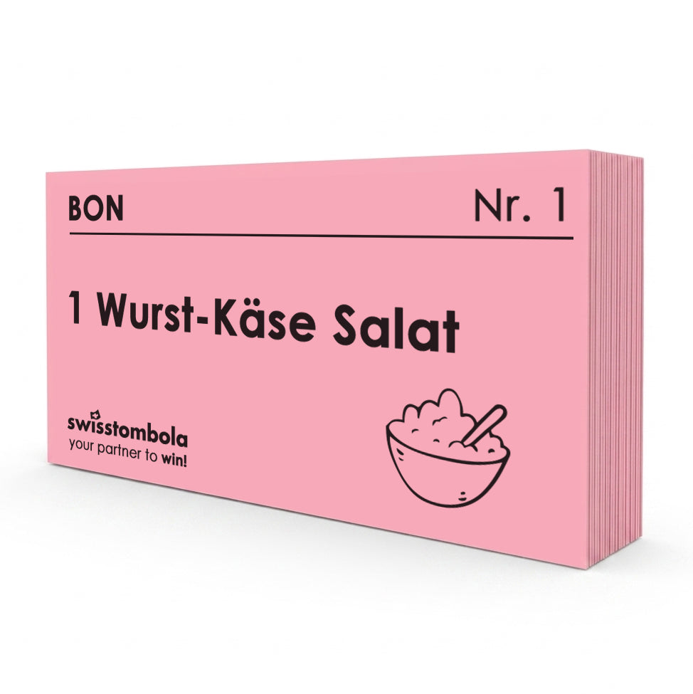 100 Gutscheine am Block, nummeriert, 1 Wurst-Käse Salat